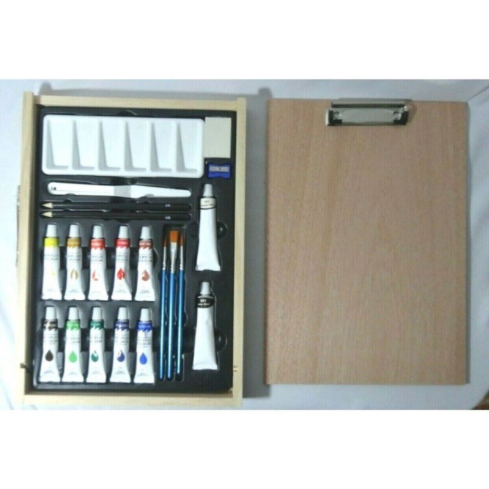 Art Set Wood Case Easel 23pc Acrylic Paint Sketch Pencils Brushes Tool Tray NEW